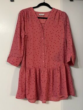 Papaya Pink Polka Dot Tiered V-Neck Mini Dress, Size Small